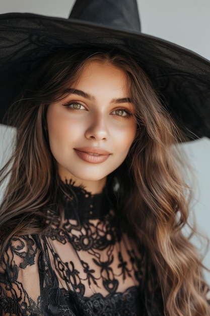 Mysterious woman in black lace dress and widebrimmed hat