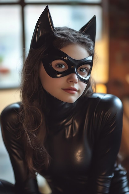 Photo mysterious woman in catsuit and mask