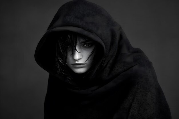 Photo mysterious woman in hood shadowy portrait