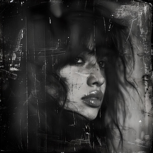 Mysterious woman in monochrome intense gaze through textured glass Artistic portrait evokes emotion Black and white photo Generative AI