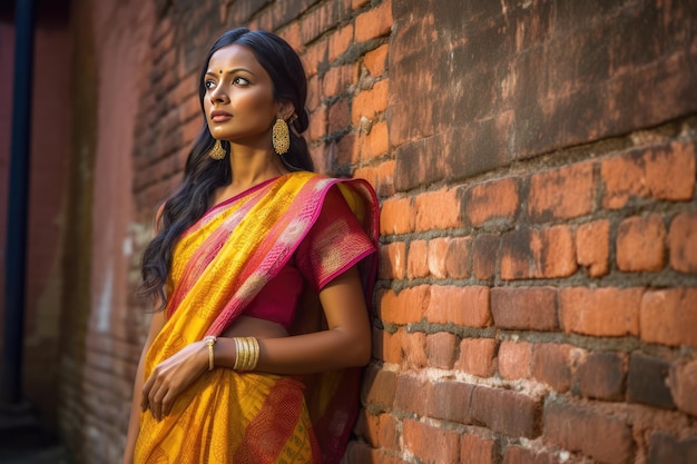 Mysterious woman in an orange and white saree