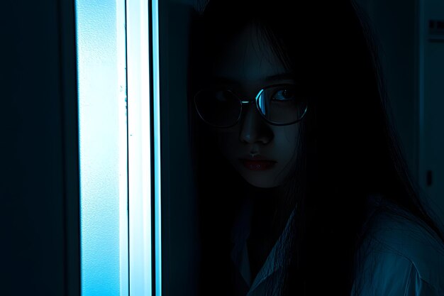 Photo mysterious woman peeking through doorway in dark room