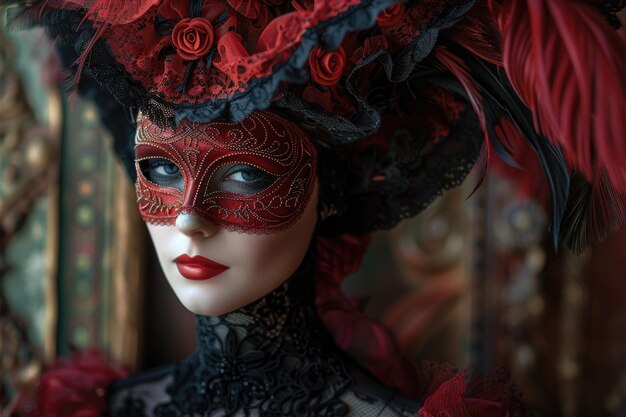 Mysterious woman in a red and black venetian mask during carnival