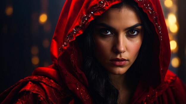 Mysterious Woman In Red Hood With Intense Gaze