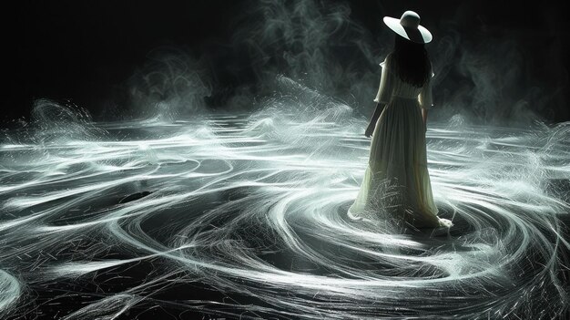 Photo mysterious woman in white dress surrounded by swirls in dark room stands still