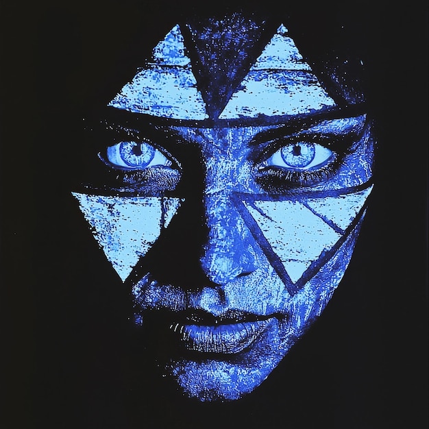 Photo mysterious woman with blue face paint and triangular design