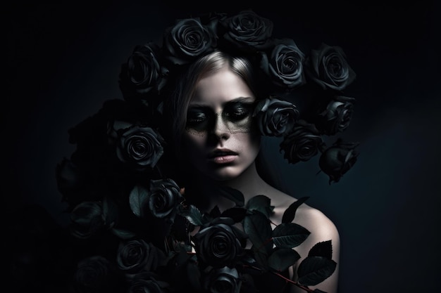 Mysterious woman with a bouquet of black roses in a symbolic portrait that evokes emotion