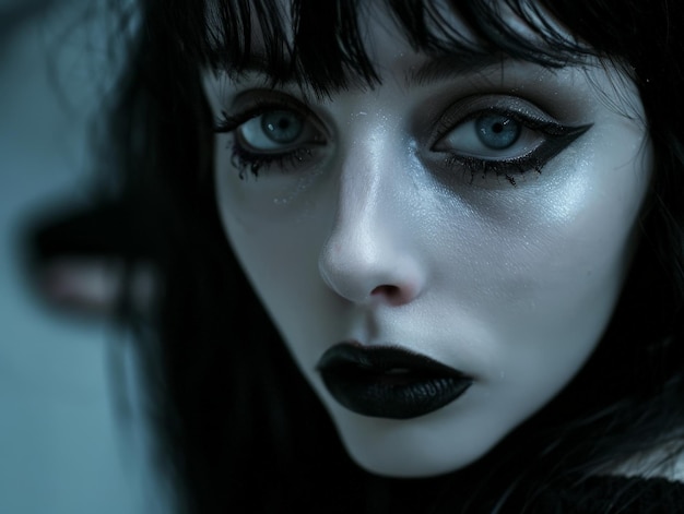 Mysterious woman with dark makeup and intense gaze