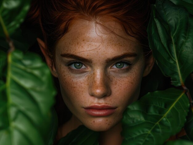 Photo mysterious woman with freckles and green eyes in lush foliage