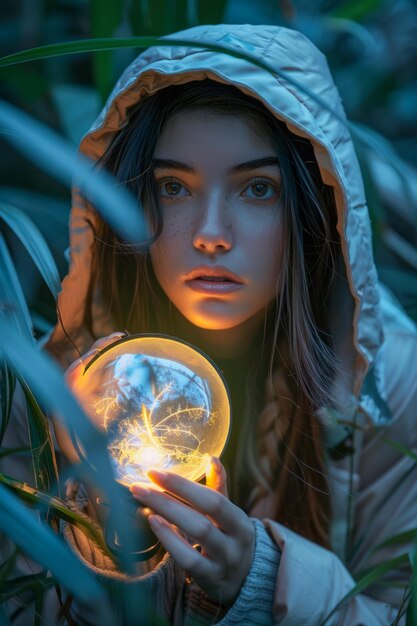 Mysterious Woman with Illuminated Crystal Ball in Forest Twilight Portrait of Young Female in Hood