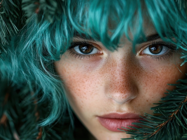 Photo mysterious woman with vibrant green hair surrounded by nature