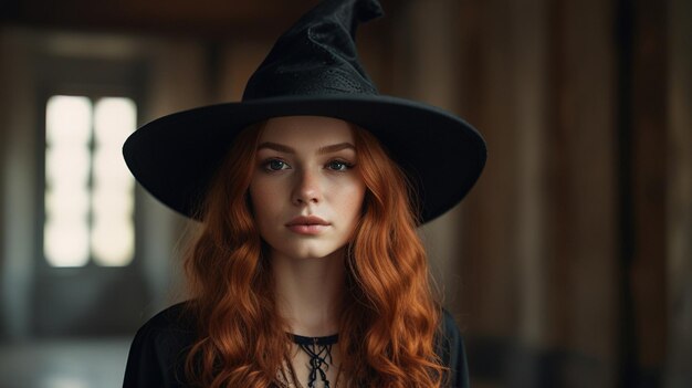 Photo a mysterious woman with vibrant red curls wears a witch hat in an elegant indoor setting during a twilight gathering