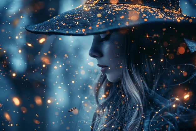 Photo mysterious woman with a widebrimmed hat and flowing hair in a blue and gold light ai generative xa