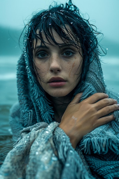 Mysterious Woman Wrapped in a Shawl Alone in Rainy Weather by the Sea