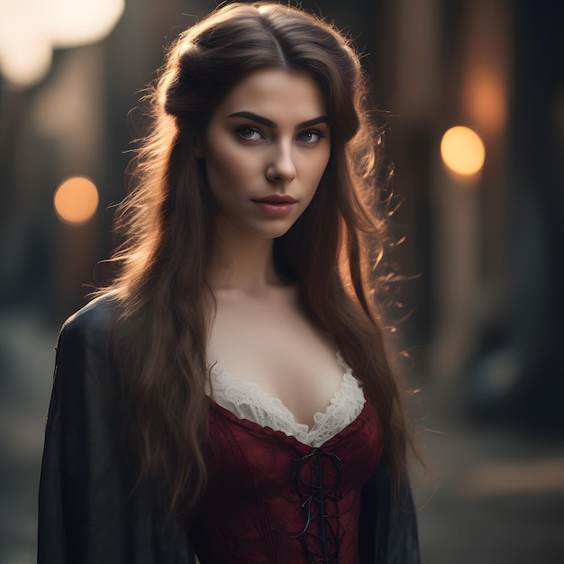 a mysterious young woman with long hair and a black jacket walking down a street