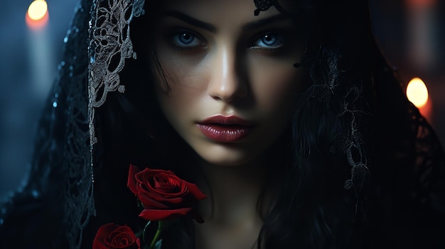 Photo a mysteriously pretty woman wearing a gothic outfit like a medieval vampire with hood holds a rose generative ai