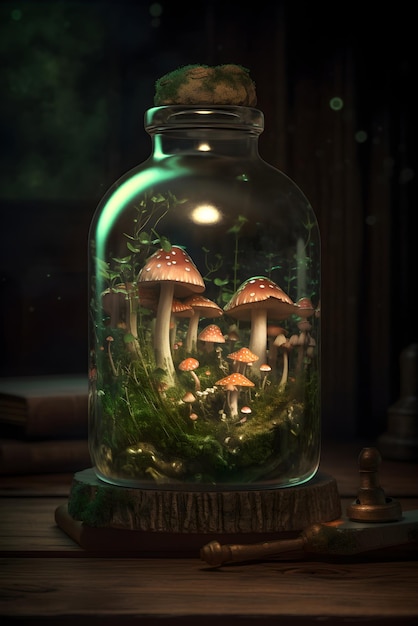 Mystery bottle with mushrooms inside Fairytale background Generated AI