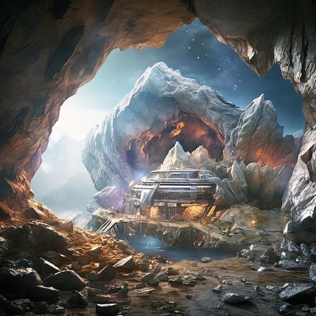 Mystery Cave with SciFi Building Video Games Digital CG Artwork