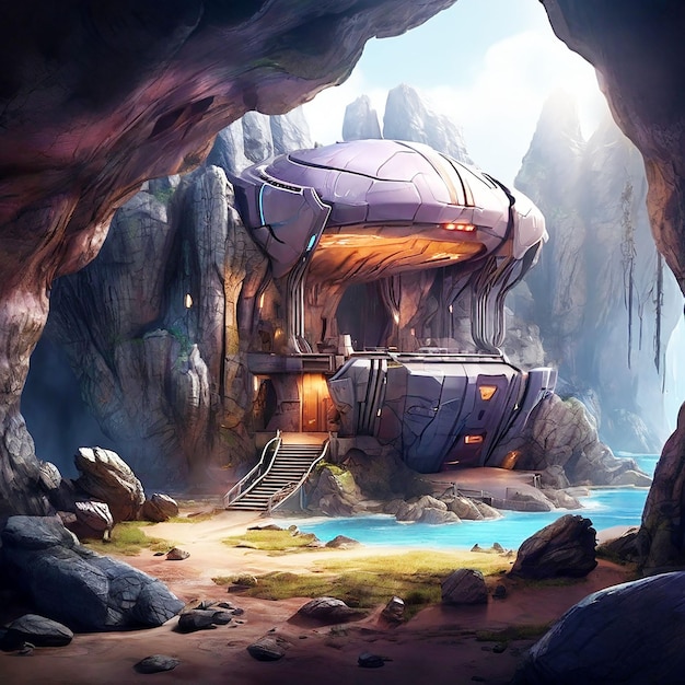 Mystery Cave with SciFi Building Video Games Digital CG Artwork