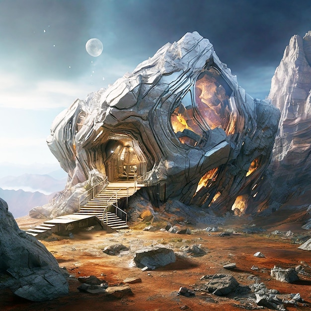 Mystery Cave with SciFi Building Video Games Digital CG Artwork