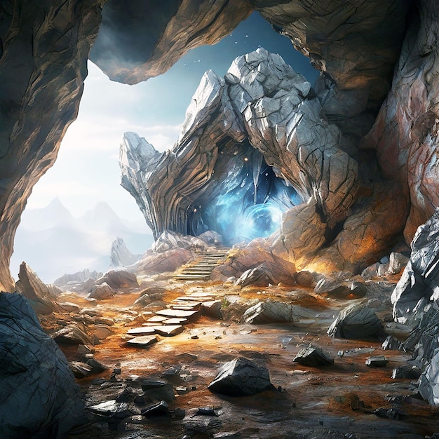 Mystery Cave with SciFi Building Video Games Digital CG Artwork