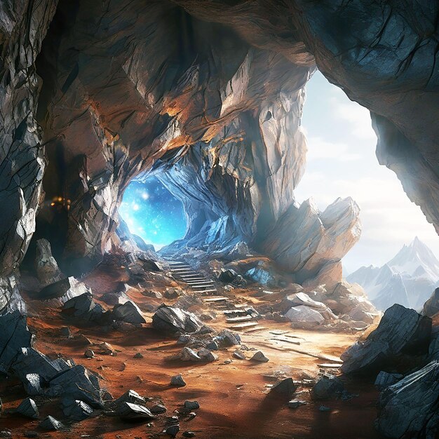 Mystery Cave with SciFi Building Video Games Digital CG Artwork