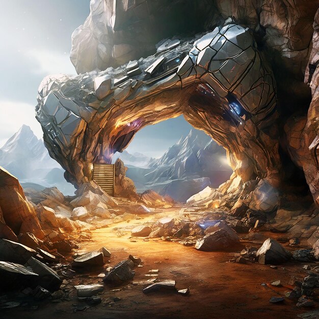 Mystery Cave with SciFi Building Video Games Digital CG Artwork