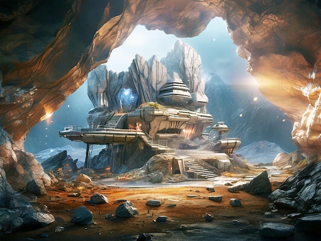 Mystery Cave with SciFi Building Video Games Digital CG Artwork