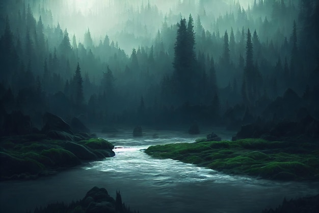 Mystery Deep Forest with River and Fog Background Image