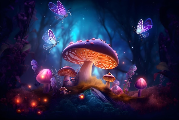 Mystery forest with glowing mushrooms and butterflies Fairytale background Generated AI content