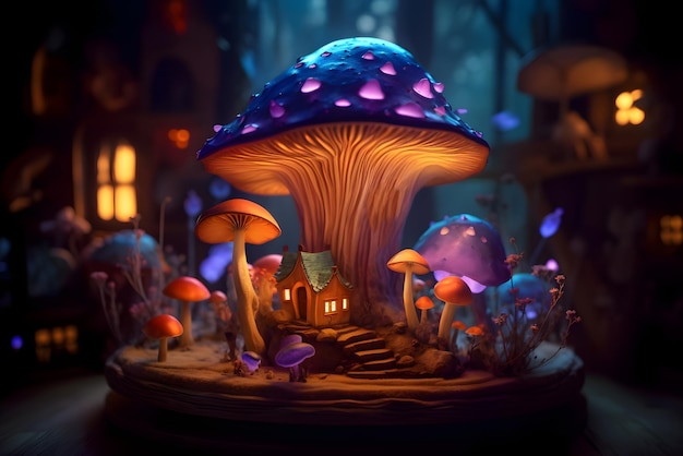 Mystery forest with glowing mushrooms and tiny house Fairytale background Generated AI