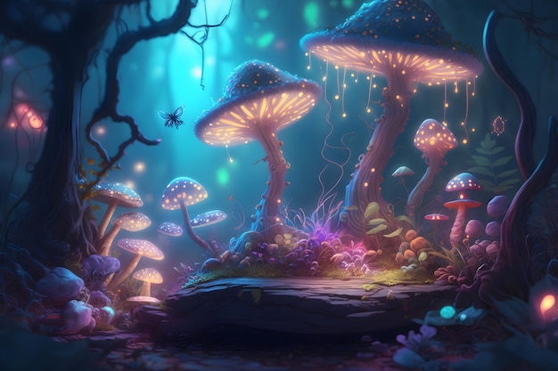 Mystery glowing mushrooms in the magical forest Fairytale background Generated AI