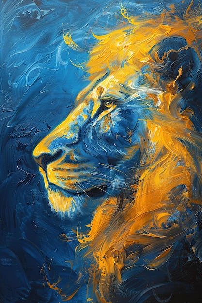 mystery mystic blue lion art soft lines in yellow and blue oil painting style in a dark blue background