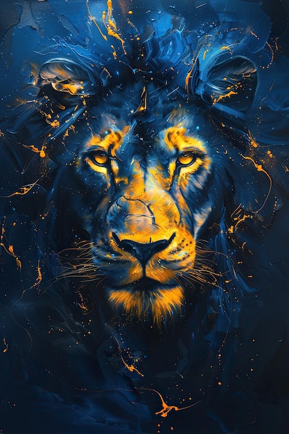 mystery mystic blue lion art soft lines in yellow and blue oil painting style in a dark blue background