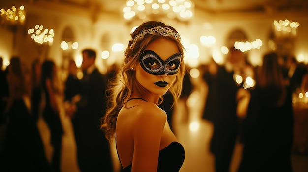 Photo mystery woman in mask at lavish masquerade ball