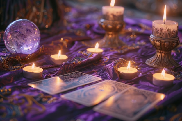 Photo mystic crystal ball tarot cards and burning candles on purple background magic ritual or spell with esoteric symbols generative ai