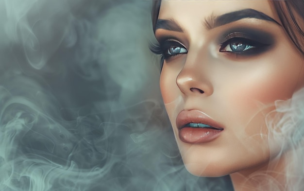 Photo mystic gaze digital art portrait woman gaze smoky fantasy realistic captivating makeup eyes lashes eyebrow beauty face lips ethereal detail sharp graphic design virtual