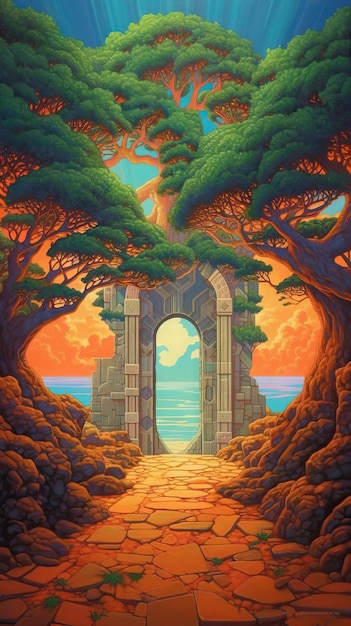 Mystic Mechanisms Enchanting Archway with Tree AI Generated