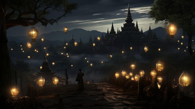 A mystic path illuminated by lanterns leads to an ancient temple surrounded by fog