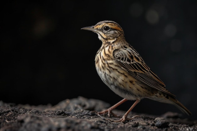 Mystic portrait of African Pipit standing in studio Isolated on black background