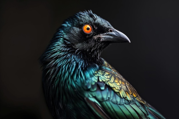 Mystic portrait of Asian Glossy Starling standing in studio isolated on black background