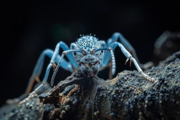 Mystic portrait of BlueSilver Ant on root in studio