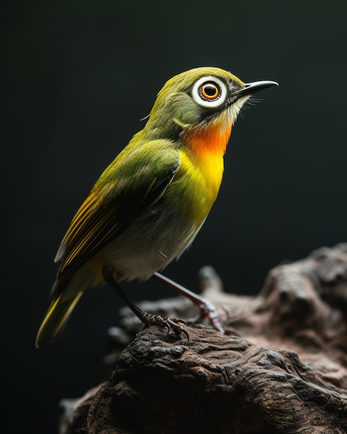 Mystic portrait of Bridled Whiteeye chirped standing on small root in studio