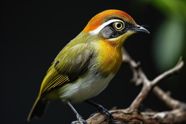 Mystic portrait of Bridled Whiteeye standing in small branch in studio