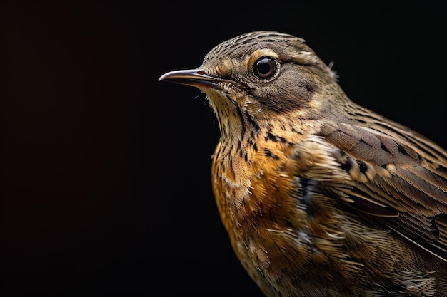 Mystic portrait of Buffbellied Pipit standing in studio Isolated on black background