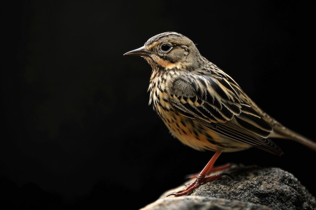 Mystic portrait of Buffbellied Pipit standing in studio Isolated on black background