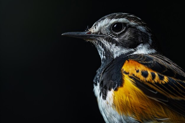 Mystic portrait of Forest Wagtail standing in studio Isolated on black background