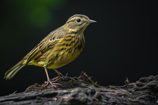 Mystic portrait of Golden Pipit standing in studio Isolated on black background