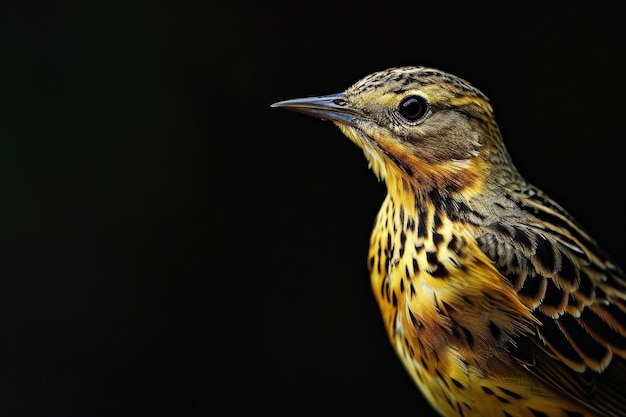 Mystic portrait of Golden Pipit standing in studio Isolated on black background