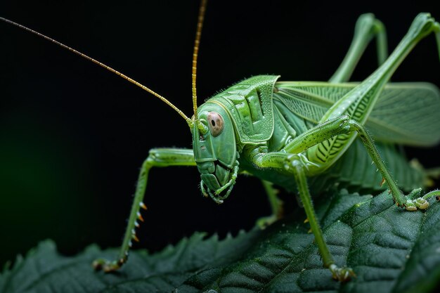 Mystic portrait of Green Grasshopper on leaves beside view